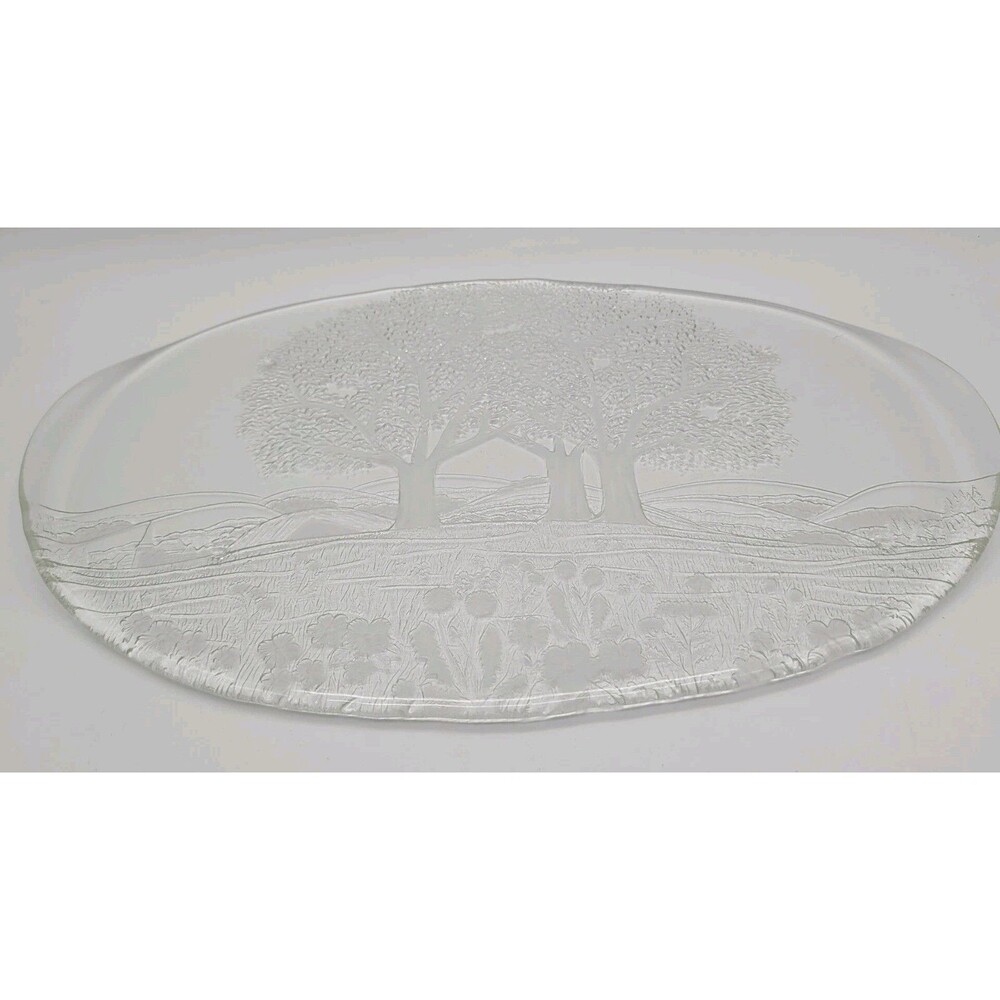 Kosta Boda Vtg Crystal Art Glass Plate Tray Platter Forest Holiday Gift BIG